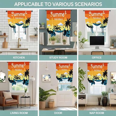 Palm Trees Silhouette Tie Up Curtains for Window, Ocean Orange Omber Sky Thermal Insulated Balloon Shade Adjustable Rod Pocket Curtains Valance Panels for Kitchen Bathroom Café 46'' x 63'' in Saudi Arabia
