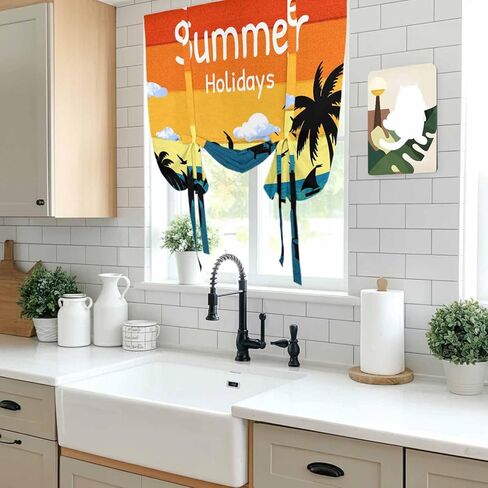 Palm Trees Silhouette Tie Up Curtains for Window, Ocean Orange Omber Sky Thermal Insulated Balloon Shade Adjustable Rod Pocket Curtains Valance Panels for Kitchen Bathroom Café 46'' x 63'' in Saudi Arabia