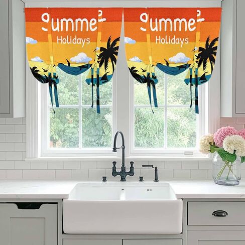 Palm Trees Silhouette Tie Up Curtains for Window, Ocean Orange Omber Sky Thermal Insulated Balloon Shade Adjustable Rod Pocket Curtains Valance Panels for Kitchen Bathroom Café 46'' x 63'' in Saudi Arabia