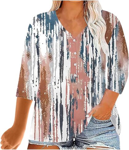 Women Plus Size Shirts Casual Oversized 3/4 Sleeve Button Down V-Neck Floral Print Tunic Blouse Summer Trendy Clothes in Kuwait