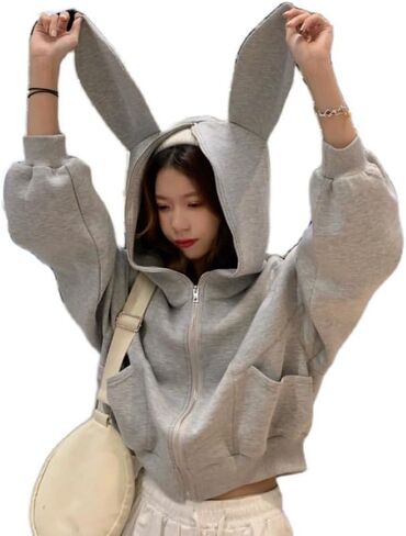 Bunny Ear Hooded Crop Sweatshirt Kawaii Full Zip Up Hoodies for Women Cutecore Preppy Coats Baggy Jackets in Saudi Arabia