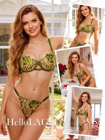 Lingerie Set Green Leaves Panty Sets Underwire Push Up in Kuwait
