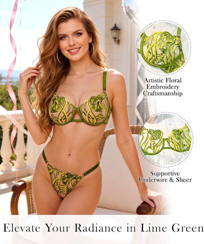 Lingerie Set Green Leaves Panty Sets Underwire Push Up in Kuwait