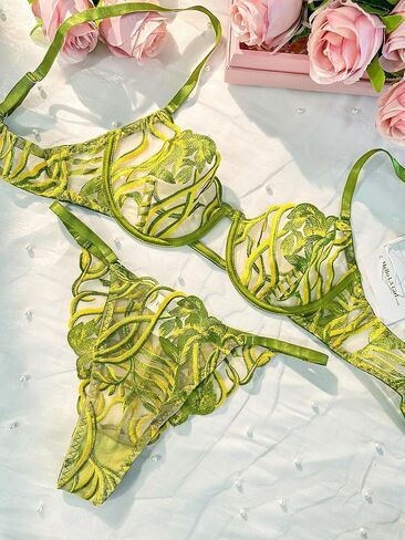 Lingerie Set Green Leaves Panty Sets Underwire Push Up in Kuwait