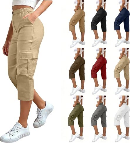 Cargo Capris for Women with Pockets Summer Casual Loose Capri Pants Plus Size High Waisted Work Button Cropped Pant in Kuwait