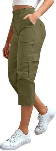 Cargo Capris for Women with Pockets Summer Casual Loose Capri Pants Plus Size High Waisted Work Button Cropped Pant in Saudi Arabia