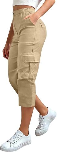 Cargo Capris for Women with Pockets Summer Casual Loose Capri Pants Plus Size High Waisted Work Button Cropped Pant in Saudi Arabia