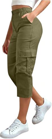 Cargo Capris for Women with Pockets Summer Casual Loose Capri Pants Plus Size High Waisted Work Button Cropped Pant in Saudi Arabia