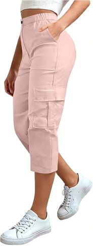 Cargo Capris for Women with Pockets Summer Casual Loose Capri Pants Plus Size High Waisted Work Button Cropped Pant in Saudi Arabia