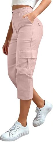 Cargo Capris for Women with Pockets Summer Casual Loose Capri Pants Plus Size High Waisted Work Button Cropped Pant in Saudi Arabia