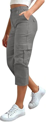 Cargo Capris for Women with Pockets Summer Casual Loose Capri Pants Plus Size High Waisted Work Button Cropped Pant in Saudi Arabia