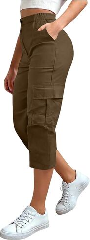 Cargo Capris for Women with Pockets Summer Casual Loose Capri Pants Plus Size High Waisted Work Button Cropped Pant in Saudi Arabia