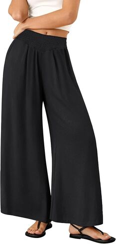 Women's Summer Wide Leg Pants Bootcut Smock High Waist Travel Flowy Palazzo Casual Baggy Slacks Trouser with Pockets Black XX-Large in Kuwait