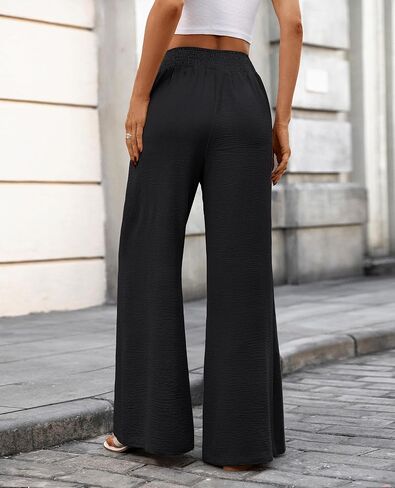 Women's Summer Wide Leg Pants Bootcut Smock High Waist Travel Flowy Palazzo Casual Baggy Slacks Trouser with Pockets Black XX-Large in Kuwait