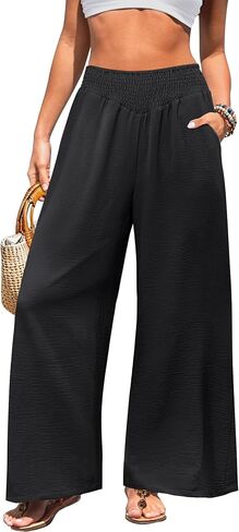 Women's Summer Wide Leg Pants Bootcut Smock High Waist Travel Flowy Palazzo Casual Baggy Slacks Trouser with Pockets Black XX-Large in Kuwait