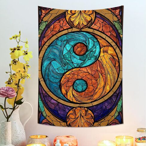 Zen Blue with Orange Tapestry, Stained Glass Bohemian Decorative Wall Hanging, Spiritual Tapestries Aesthetic for Living Room, Bedroom, Meditation 30x40 Inch in Saudi Arabia