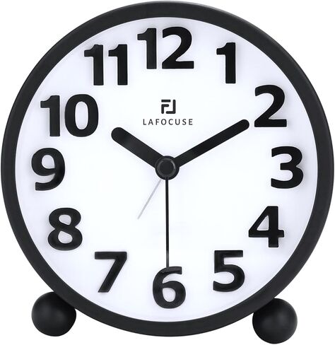 Lafocuse Metal Large 3D Numerals Easy to Read Analog Alarm Clock for Heavy Sleepers with Night Light and Snooze Function, Silent Black Bedside Clock for Bedroom Desk Shelf Table, 4 Inch in Saudi Arabia