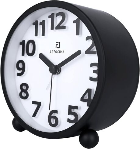 Lafocuse Metal Large 3D Numerals Easy to Read Analog Alarm Clock for Heavy Sleepers with Night Light and Snooze Function, Silent Black Bedside Clock for Bedroom Desk Shelf Table, 4 Inch in Saudi Arabia