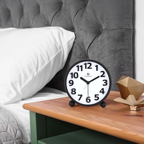Lafocuse Metal Large 3D Numerals Easy to Read Analog Alarm Clock for Heavy Sleepers with Night Light and Snooze Function, Silent Black Bedside Clock for Bedroom Desk Shelf Table, 4 Inch in Saudi Arabia