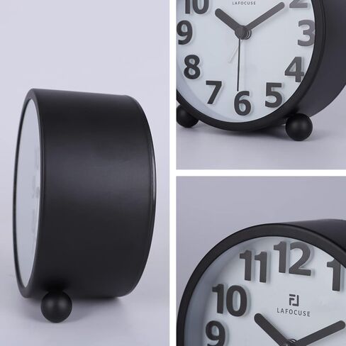 Lafocuse Metal Large 3D Numerals Easy to Read Analog Alarm Clock for Heavy Sleepers with Night Light and Snooze Function, Silent Black Bedside Clock for Bedroom Desk Shelf Table, 4 Inch in Saudi Arabia