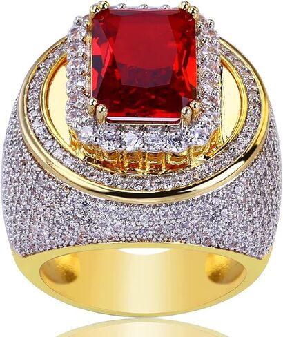 Htayekog 18K Gold Cluster Lab Simulated Diamond Band Micropave Mens Bling Ring Fashion Gold Plated Ruby CZ Diamond Ring (9) in Kuwait