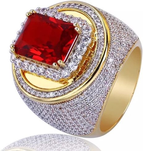 Htayekog 18K الذهب العنقودية مختبر مقلد الماس الفرقة Micropave رجالي بلينغ خاتم الأزياء مطلية بالذهب روبي تشيكوسلوفاكيا الماس الدائري (9) in Kuwait
