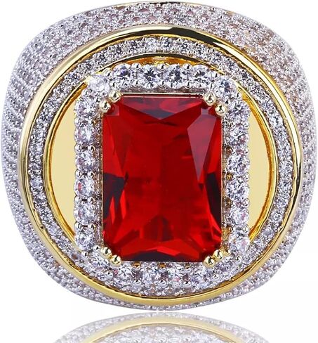 Htayekog 18K الذهب العنقودية مختبر مقلد الماس الفرقة Micropave رجالي بلينغ خاتم الأزياء مطلية بالذهب روبي تشيكوسلوفاكيا الماس الدائري (9) in Kuwait