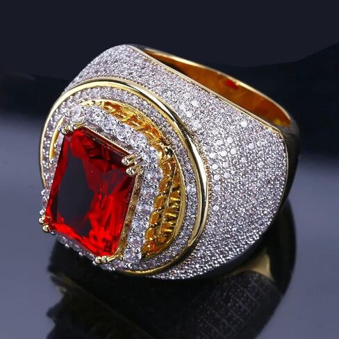 Htayekog 18K الذهب العنقودية مختبر مقلد الماس الفرقة Micropave رجالي بلينغ خاتم الأزياء مطلية بالذهب روبي تشيكوسلوفاكيا الماس الدائري (9) in Kuwait