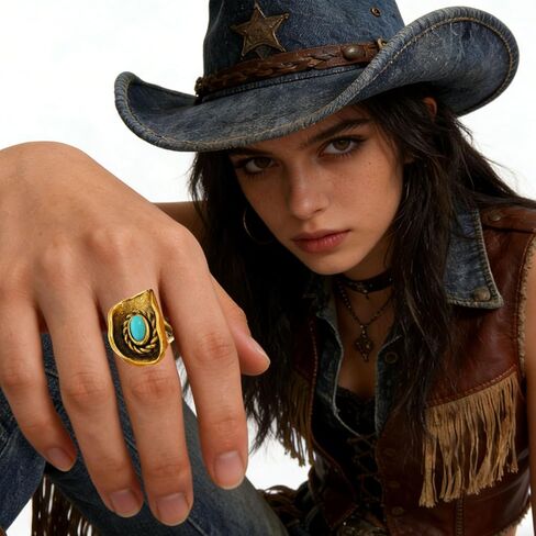 Western Turquoise Ring for Women Men Cowboy Hat Ring Country Cowgirl Rings for Women Western Jewelry Accessories in Saudi Arabia