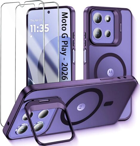 جراب Moto G Play 2024، جراب هاتف Motorola G Play 2024 مع مسند وواقي شاشة وغطاء كاميرا منزلق، غطاء واقٍ شديد التحمل مضاد للصدمات لهاتف Motorola Moto G Play 2024، أزرق in Kuwait