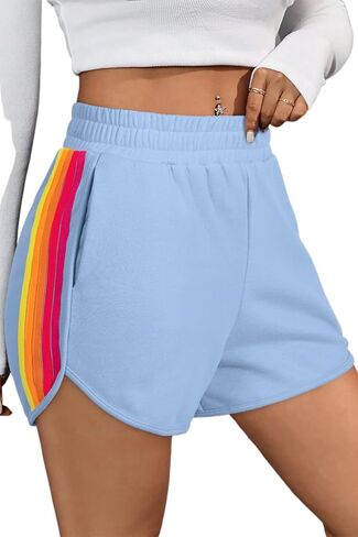 Women's Beau Blue Color Block Stripes High Waist Active Shorts for Workout and Lounge in Kuwait