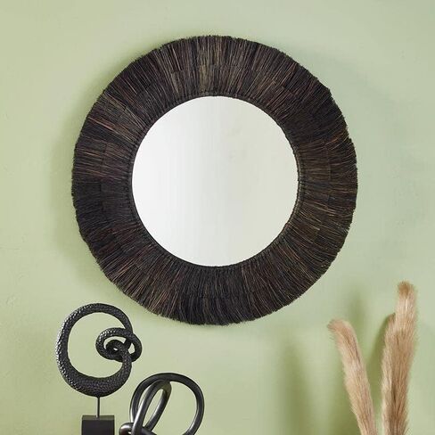 47th & Main Boho Mirror Round Woven Seagrass Hanging Mirror for Wall Décor, 24.5" Dia, Black in Saudi Arabia