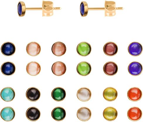 12 Pairs Multi Colored Cats Eye Stud Earrings Stainless Steel Gemstone Round Heart Square Oval Stud Earrings Set for Women in Kuwait