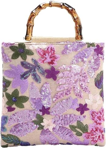 حقيبة يد نسائية مطرزة بالترتر على شكل زهور للشاطئ مع مقبض من الخيزران، حقيبة كتف صيفية للاستخدام اليومي في العطلات in Kuwait