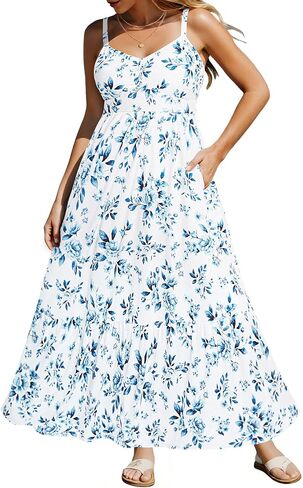 Women's Plus Size Summer Maxi Sun Dress Spaghetti Strap Ruched Bust Long Casual Sundress with Pockets in Kuwait