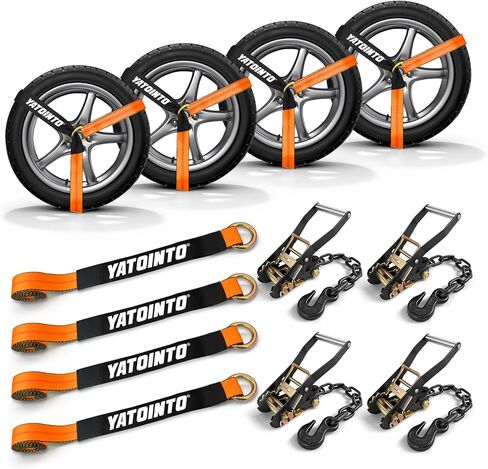 4 Pack Car Tie Down Straps for Trailers,2"×96" Ratchet Tire Straps with Heavy Duty Chain Anchors,Lasso Wheel Strap 9900LBS Break Strength for Trailers, UTV,SUV,Trucks and Any car Hauling in Saudi Arabia