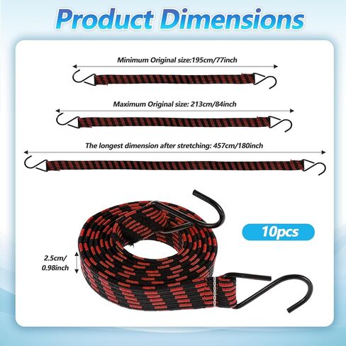 10 Pcs Long Bungee Cords with Hooks, Flat Bungee Cords Flat Bungee Rope Heavy Duty 77''-84''Inch Adjustable Extra Long for Outdoor Camping, Tarps, Bike Rack, Tent, Truck in Kuwait