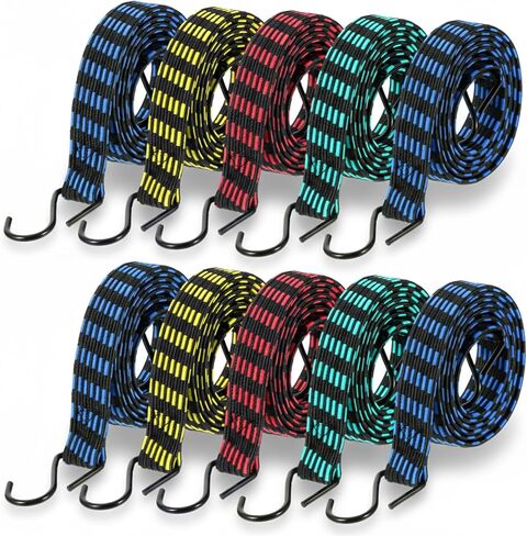 10 Pcs Long Bungee Cords with Hooks, Flat Bungee Cords Flat Bungee Rope Heavy Duty 77''-84''Inch Adjustable Extra Long for Outdoor Camping, Tarps, Bike Rack, Tent, Truck in Kuwait
