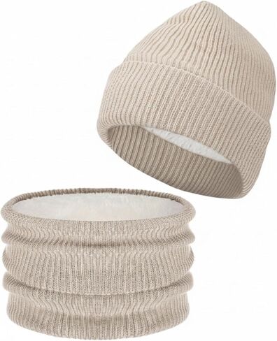 2 Pcs Waterproof Fleece Lined Beanies Scarf Set Knit hat Neck Warmer Soft Thick Warm Knit Scarves for Women Men in Saudi Arabia