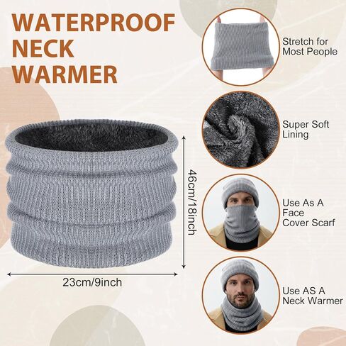 2 Pcs Waterproof Fleece Lined Beanies Scarf Set Knit hat Neck Warmer Soft Thick Warm Knit Scarves for Women Men in Saudi Arabia