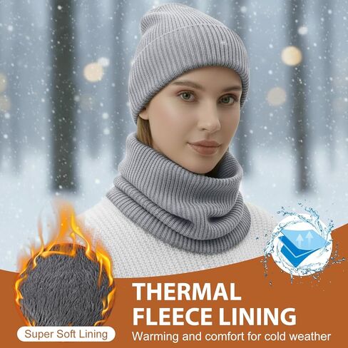 2 Pcs Waterproof Fleece Lined Beanies Scarf Set Knit hat Neck Warmer Soft Thick Warm Knit Scarves for Women Men in Saudi Arabia