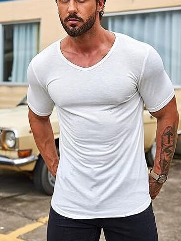 Mens Muscle V Neck T Shirt Fitted Gym Workout Short Sleeve Bodybuilding Tee in Saudi Arabia