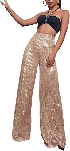Women's Sparkly Sequin Pants High Waist Shiny Wide Leg Glitter Fashion Trousers Rave Party Club Pants in Saudi Arabia