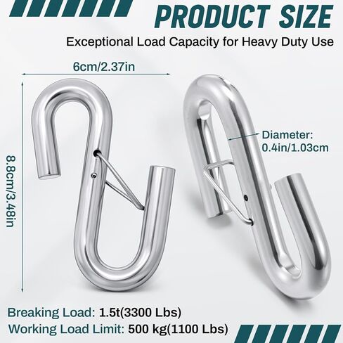 10 Pack 3/8 Inch Trailer Safety Chain S Hook with Latch, 1100 Lbs Working Load Limit, 3300 Lbs Breaking Strength, Heavy Duty S Hook for Towing Lifting Warehouse Industrial & Cargo Securing in Kuwait