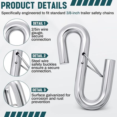 10 Pack 3/8 Inch Trailer Safety Chain S Hook with Latch, 1100 Lbs Working Load Limit, 3300 Lbs Breaking Strength, Heavy Duty S Hook for Towing Lifting Warehouse Industrial & Cargo Securing in Kuwait