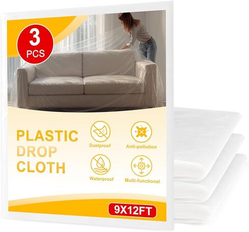 3 قطع من القماش البلاستيكي مقاس 9X12FT، غطاء مضاد للغبار مقاوم للماء، قماش القنب القابل للتصرف للرسم على الأريكة/غطاء الأثاث in Kuwait