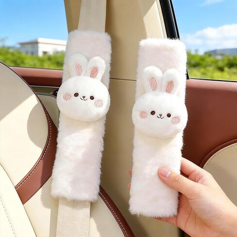 2 PCS Seat Belt Cover Pad, Cute Kawaii Cartoon Seatbelt Covers for Kids and Women, Winter Plush Fluffy Soft Seat Belt Cover, Bunny Dog Bear Seatbelt Cushion,Car Seat Strap Pads (A-Bunny(Pink)) in Kuwait