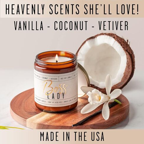 Boss Lady Gifts for Women - 'Boss Lady' Soy Candle, w/Vanilla, White Coconut & Vetiver I Best Boss Gifts for Women I Gifts for Boss I Girl Boss Female Gifts I 9oz Jar, 50Hr Burn Time, Made in USA in Kuwait
