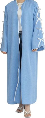 Muslim Women Abaya Sweet Long Sleeve Kaftan Bow Open Front Cardigan Wave Edge Prayer Robe in Saudi Arabia