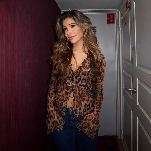 Leopard Print Mesh Top Women Ruffled Flared Sleeve Tie Front Sheer Slim Fit Layering Blouse in Saudi Arabia